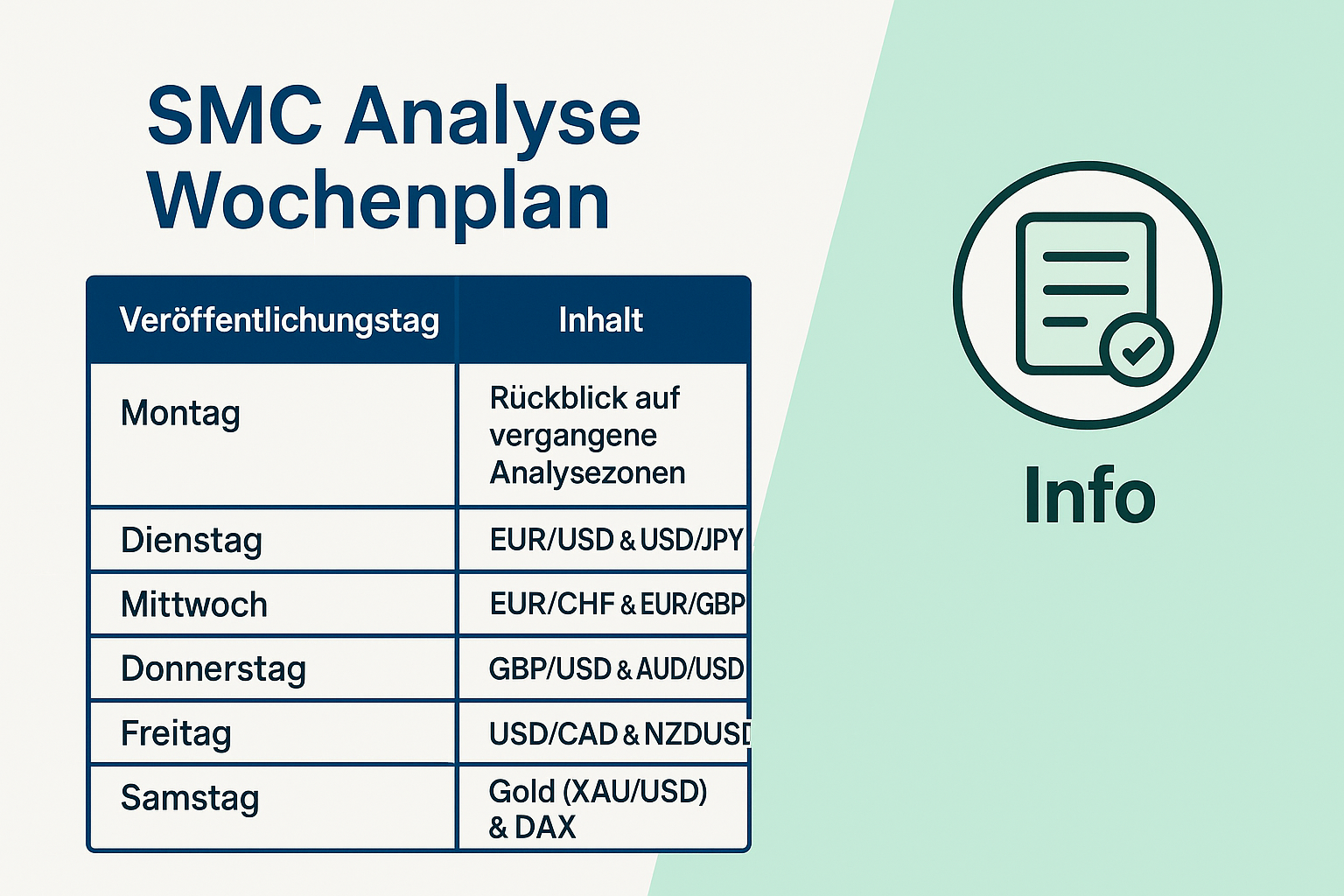 Grafik mit dem SMC Analyse Wochenplan und Info-Bereich – zeigt Wochentage mit zugehörigen Währungspaaren und Hinweis auf tägliche Rückblicke